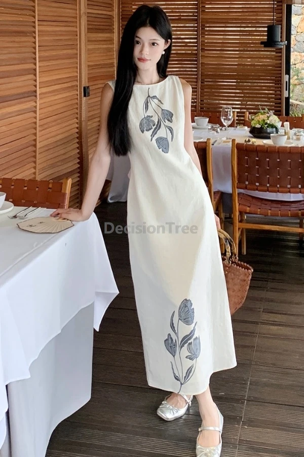 

2025 temperament retro flower printed sleeveless dress new chinese style elegant casual robe waist cinching slim A-linen dress