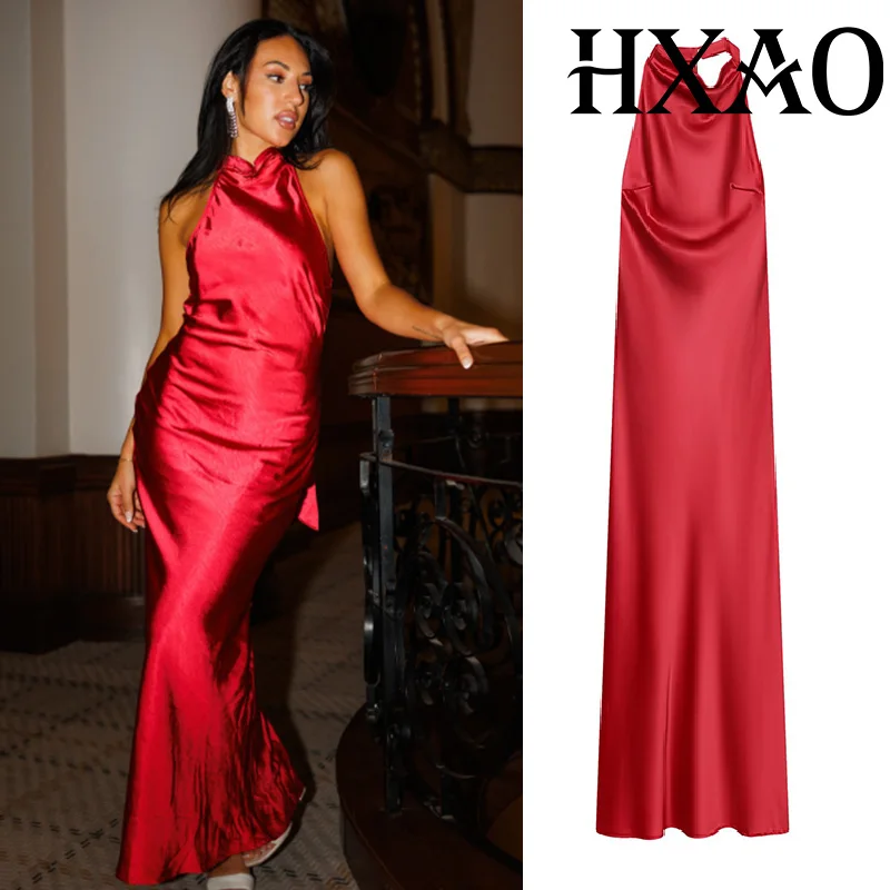 HXAO Neckholder-Damenkleid, schulterfrei, Satin, lange Kleider für Damen, rückenfrei, sexy Maxikleider, Party, Nacht, Weihnachten, Abschlussballkleid