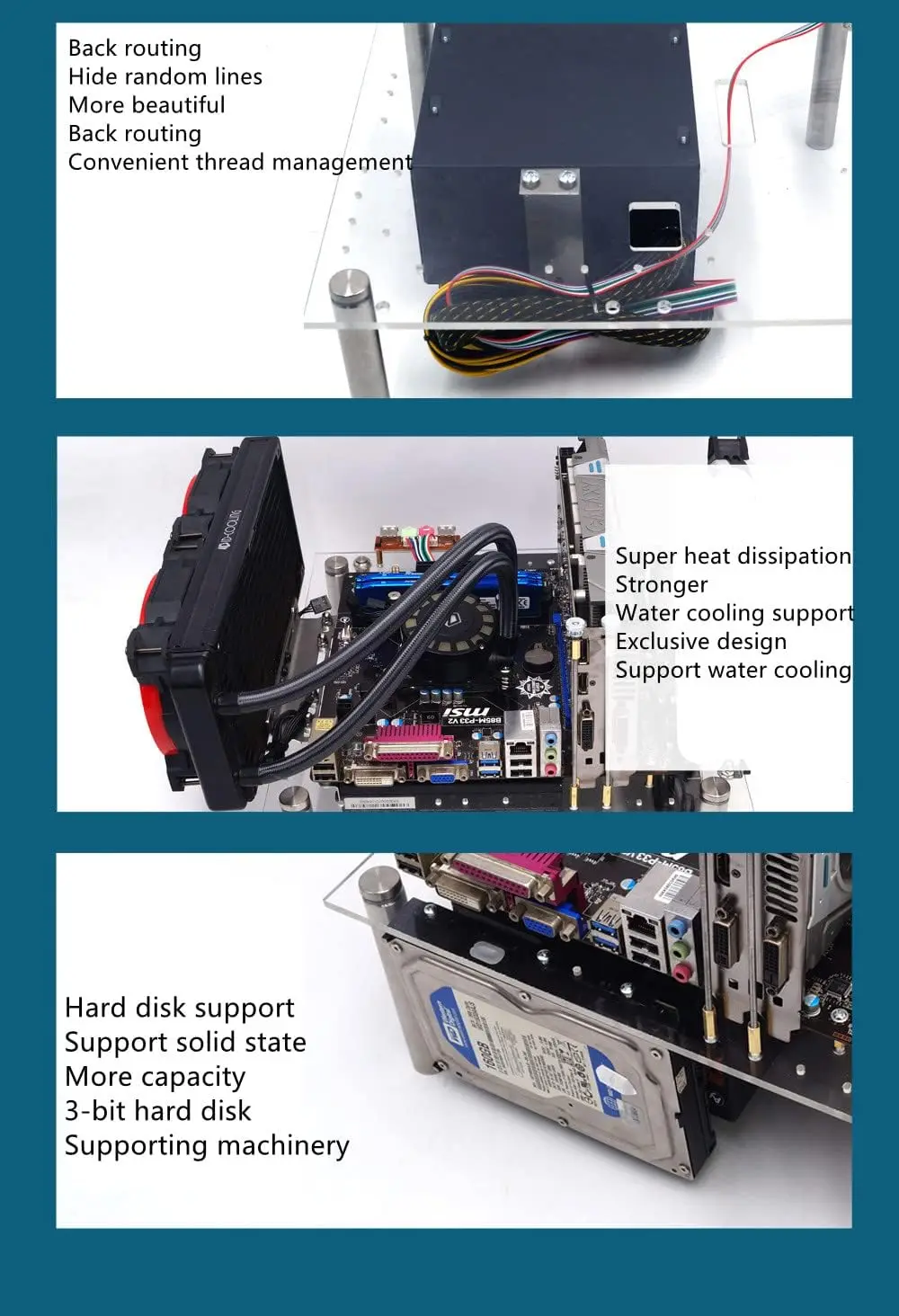 Imagem -03 - Banco de Teste Caixa Aberta do Computador Suporte Água Refrigeração Acrílico Atx Motherboard Banco de Teste Computador Dissipação Calor Case
