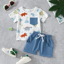 Baby boy set dinosaur print T-shirt top with fake knot decoration pocket shorts cute casual summer two-piece set