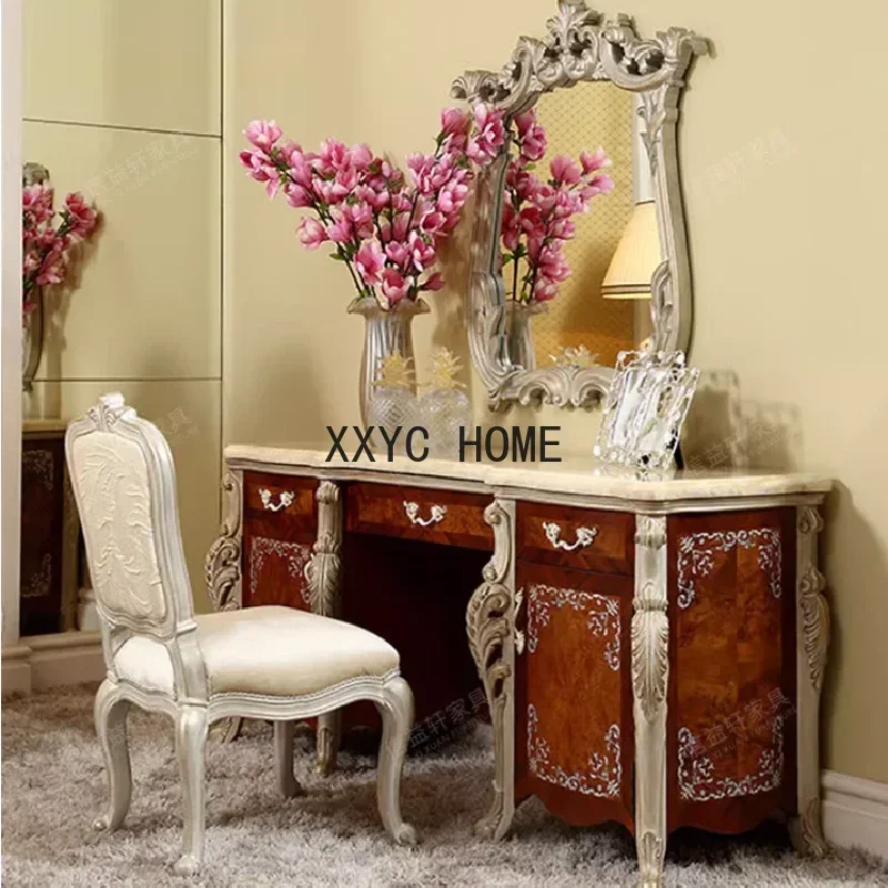 

European solid wood carved makeup table Natural marble dressing table French luxury table bedroom furniture