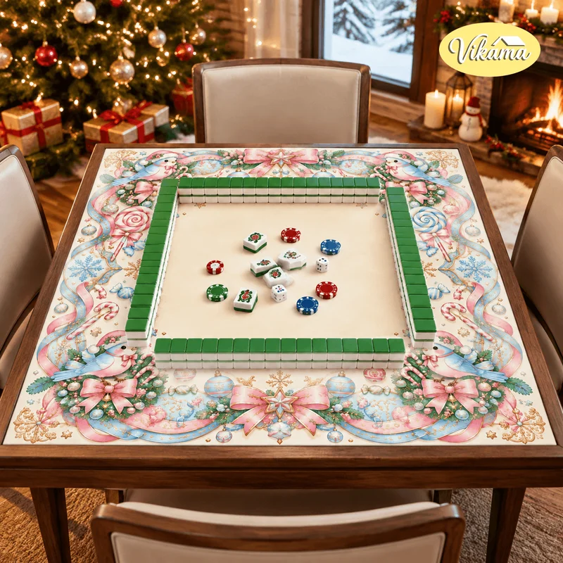 VIKAMA Christmas Floral Bird Mahjong Table Mat Non Slip Waterproof Game Mat for Living Room Family Game Night Cozy Holiday Decor