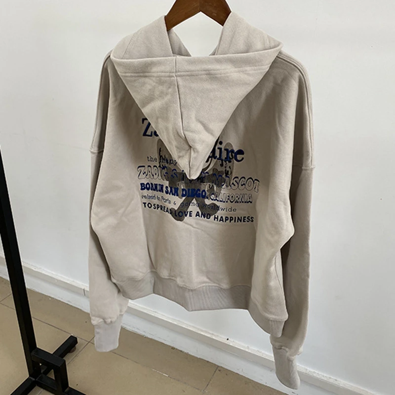 Apricot colored hooded sweatshirt for autumn and winter 2025 new comfortable and casual back letter rhinestone sweatshirt