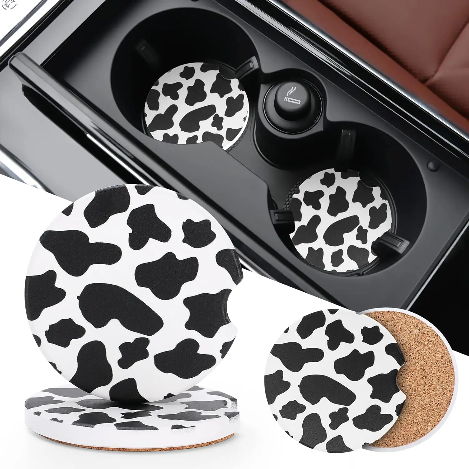 

Car Cup Coasters - Car Cup Mat 2 Pack - 2.56'' Ceramic Coasters For Cup Holders - Absorbent Coaster With Cork Back And F