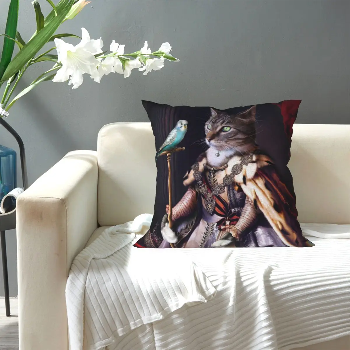 Cat And Budgie Portrait Soft fabric printed 20x20in Sleeping pillows sofa cushion Dropshipping