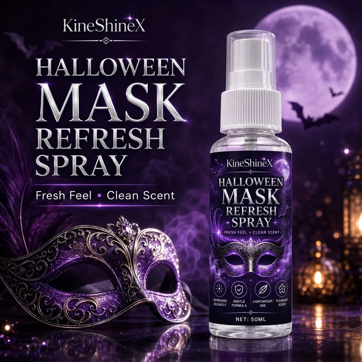 Halloween Mask Refresh Spray 50mL, Fine Mist Costume Freshener with Quick-Dry, Non-Sticky Formula and Pleasant Scent.