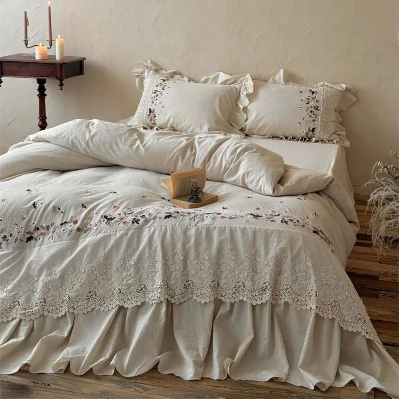 

Vintage French Large Lace Ruffles Floral Embroidery Linen Cotton Bedding Set Duvet Cover Flat/Fitted Bed Sheet Pillowcases 4Pcs