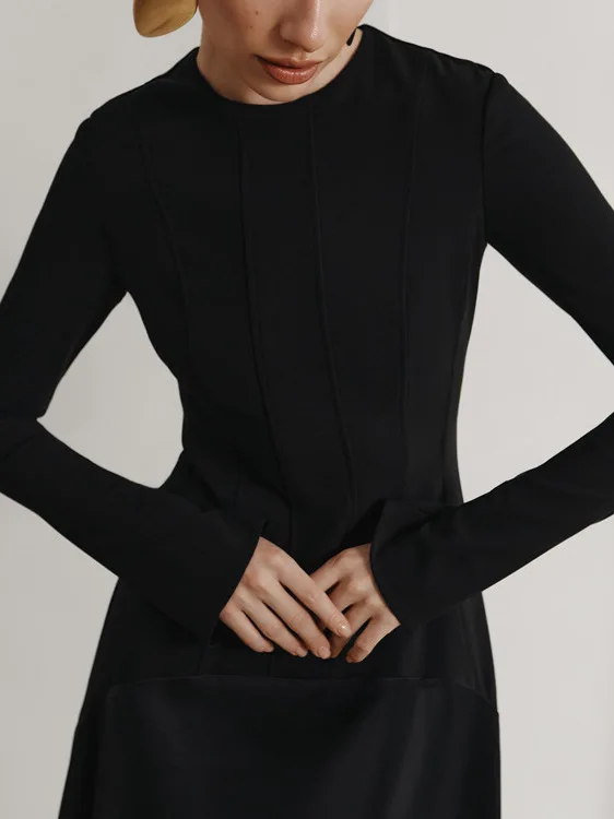 Elegant Long Sleeve round Neck Autumn Dress Women's Black Party Gown Polyester Fabric One Step Skirt for Ladies 18-24 Years Old