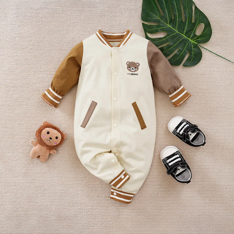 Baby Boy Girl Newborn Cute Cartoon Teddy Bear Embroidered Toddler Baseball Suit Spring And Autumn Long Sleeved Jumpsuit