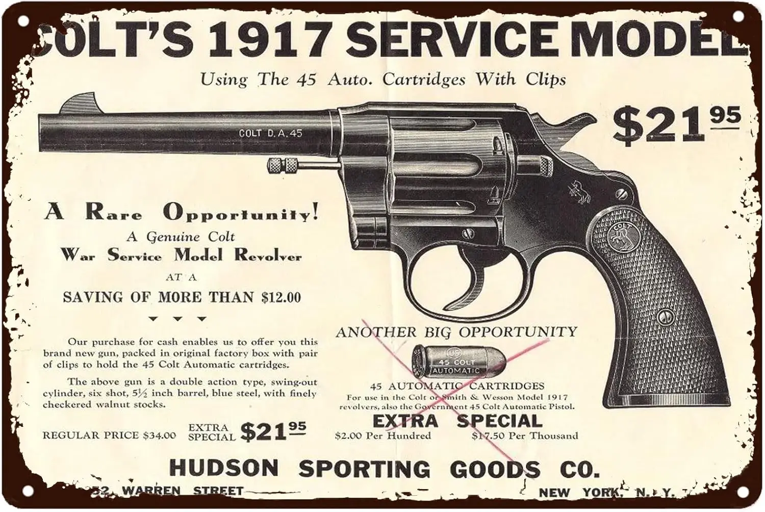 Vintage Metal Sign - Colt's 1917 Service Model Military Themed Posters Military Gun Man Cave Decor Retro Tin Plaque for sign