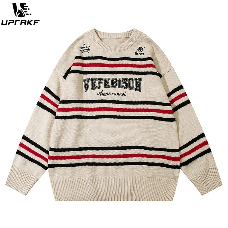 UPRAKF Striped Letter Sweater Long Sleeves Round Neck Fashion Pullovers Oversize Basic Autumn Warm Streetwear