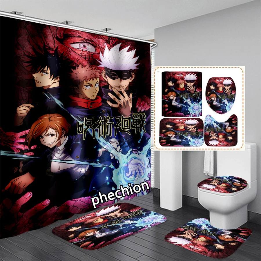 phechion Anime Jujutsu Kaisen 3D Print Waterproof Bathroom Shower Curtain Toilet Cover Mat Non-Slip Floor Mat (1/3/4Pcs) W42