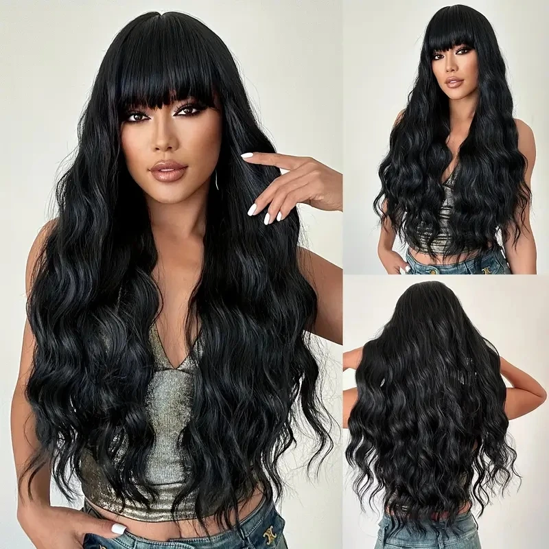 Long Synthetic Hair Wigs With Bangs 30Inches Water Wave Curly Hair For Woman High Temperature Fiber