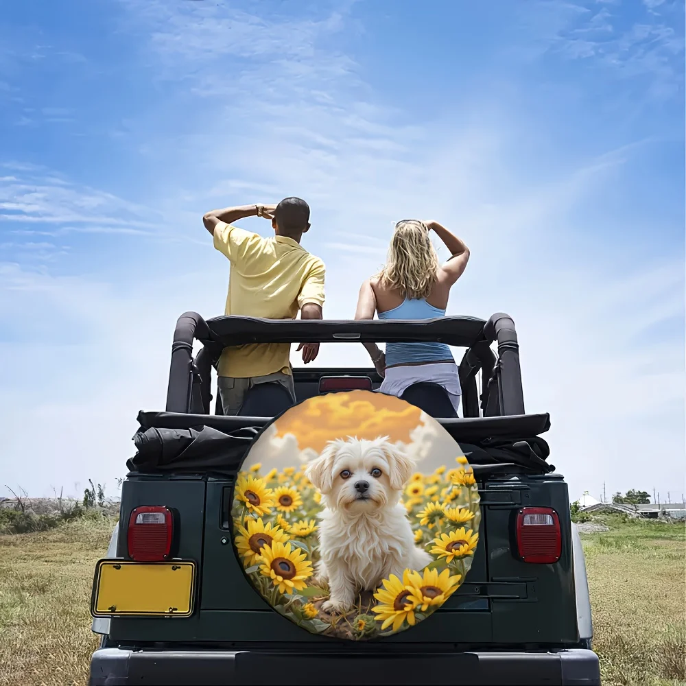 1pc 2D Flat Printing Car Tire Cover Maltese Dog Sunflower Field Polyester Without Electricity Travel Applies To Truck Tire Cover