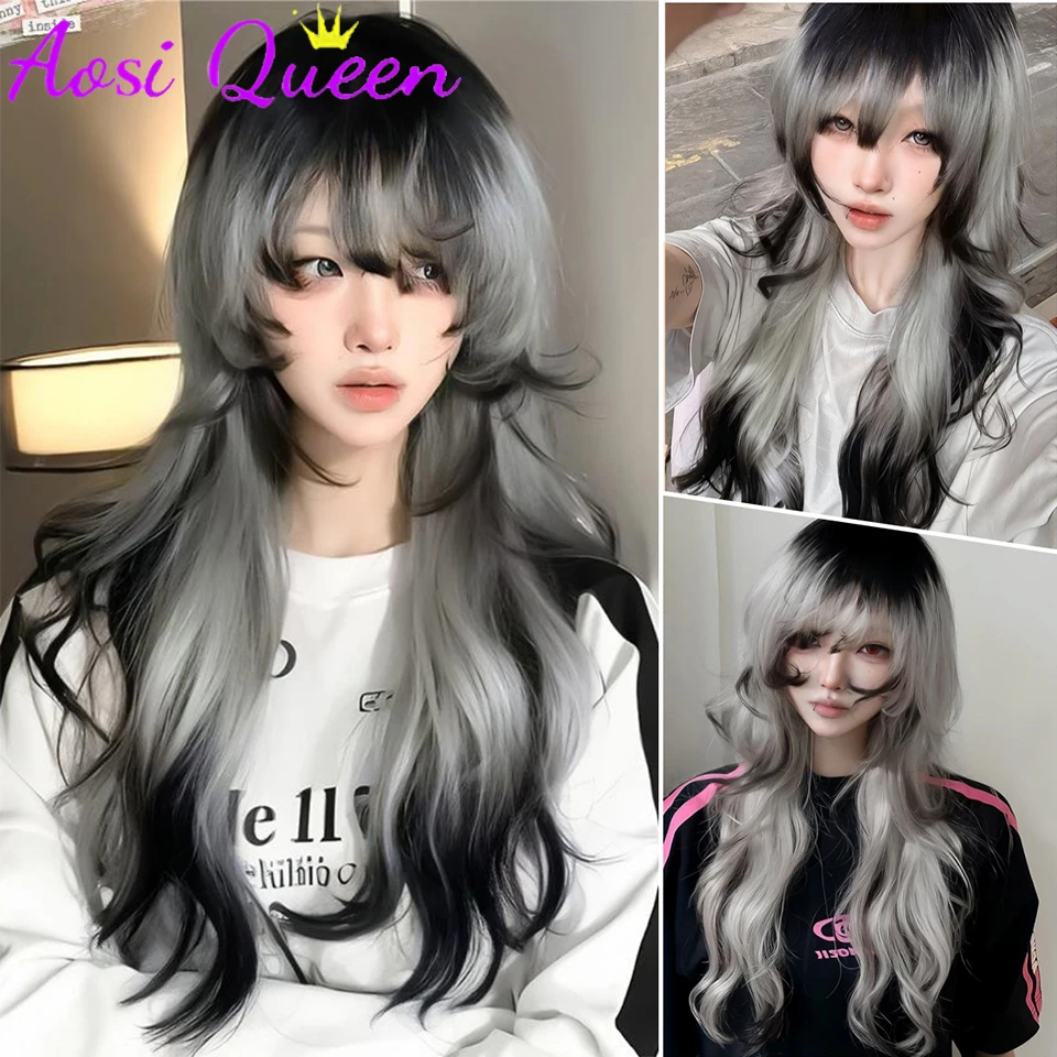 AOSI-perucas cosplay gradiente de onda longa para mulheres, preto e cinza, resistente ao calor, perucas sintéticas, natural lolita bangs