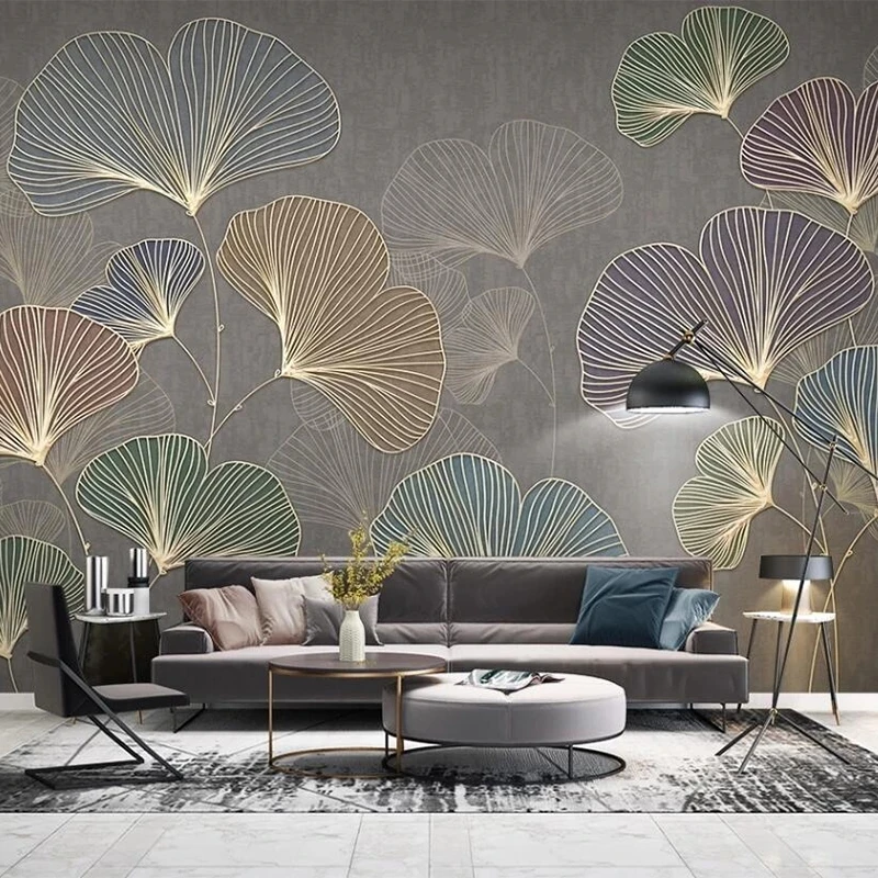 Custom Photo Mural Wallpaper Light Luxury 3D Lines Embossed Ginkgo Leaves Living room sofa TV background wall bedroom restaurant
