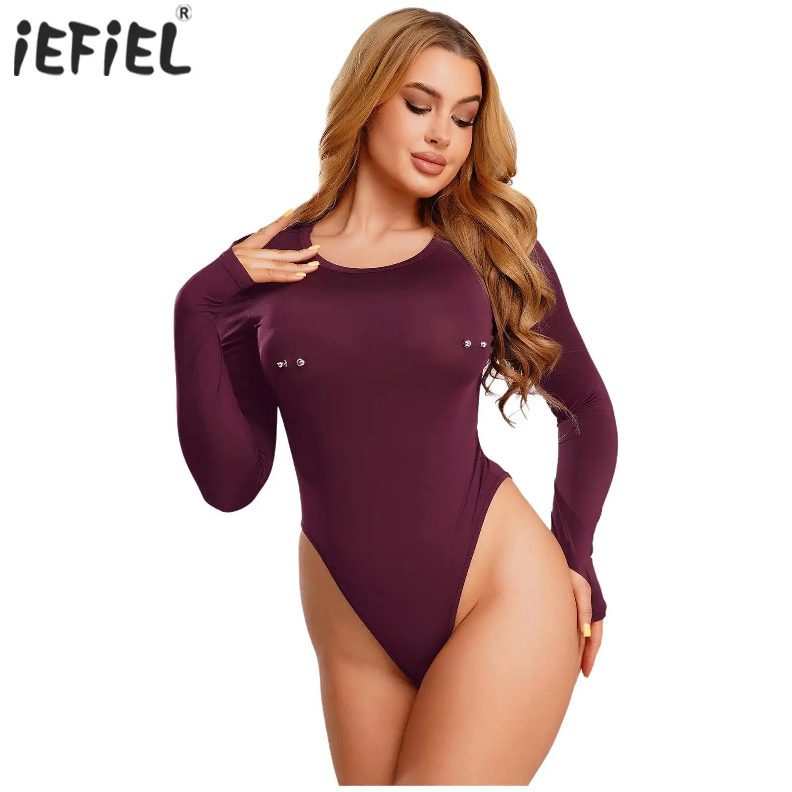 

Женское облегающее боди с длинными рукавами и высоким вырезом, с металлическими декоративными заклепками, базовые топы, комбинезон с открытой промежностью