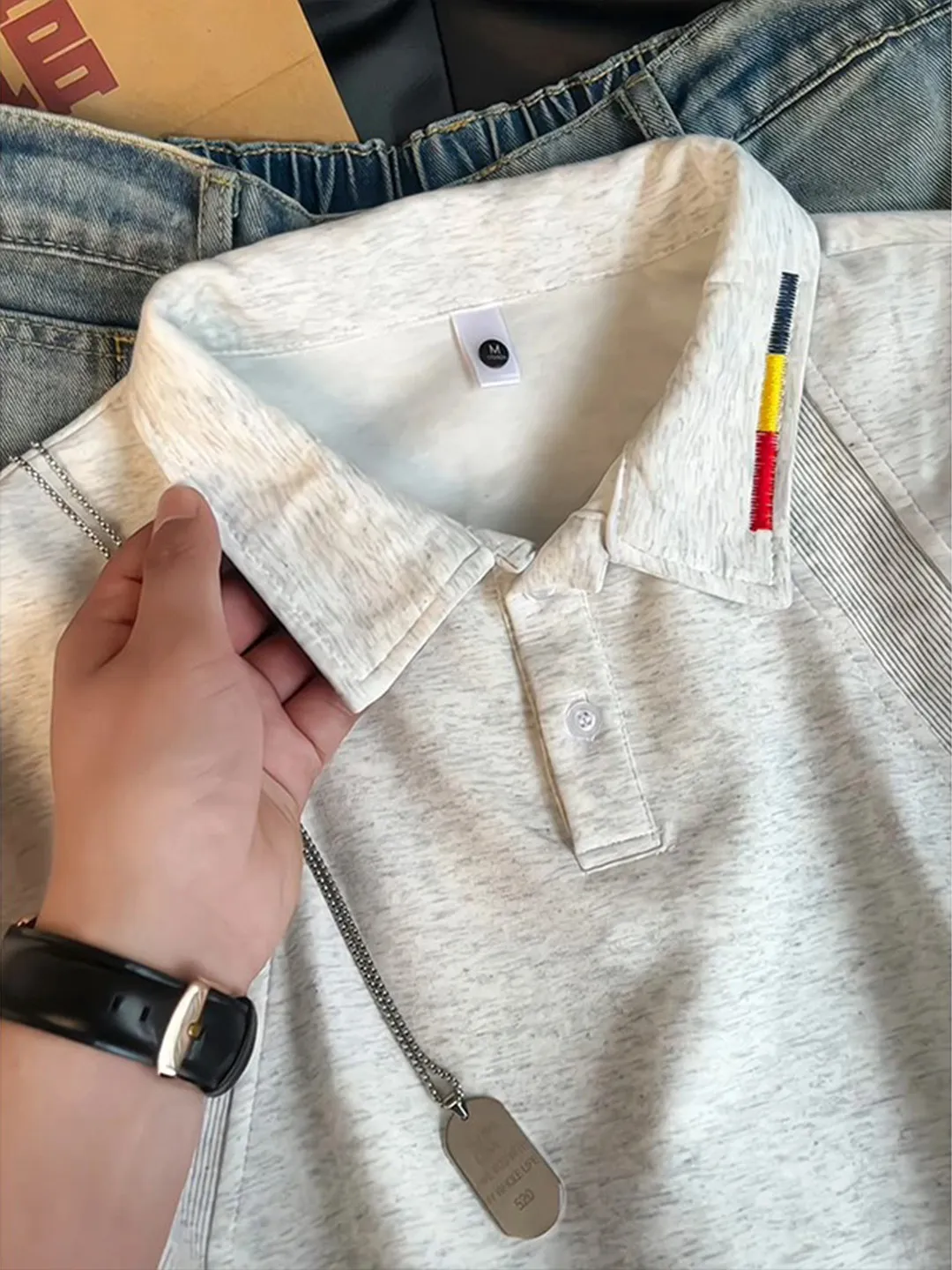White Grey American Embroidery Short Sleeve Men's  Shirt Summer Ruffle Deconstruction Shoulder Button Collar Base Layer