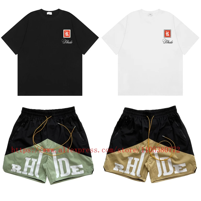 

2026 New RHUDE Men Casual Short Color Block Drawstring Elastic Waist Zip Pocket Summer Beach Shorts Fast Delivery