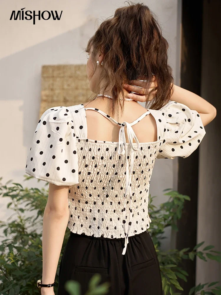 MISHOW French Polka Dot Puff Sleeve Top 2023 Summer Retro Square Neck Rear Collar Lace-up Temperament Short Blouses MXC38X0094