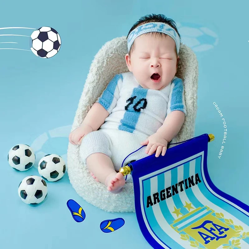 

Football Baby Theme Knitted Striped Short Sleeves+Shorts Football Sports Photography Suit Studio Newborn Photo Shoot Accessories