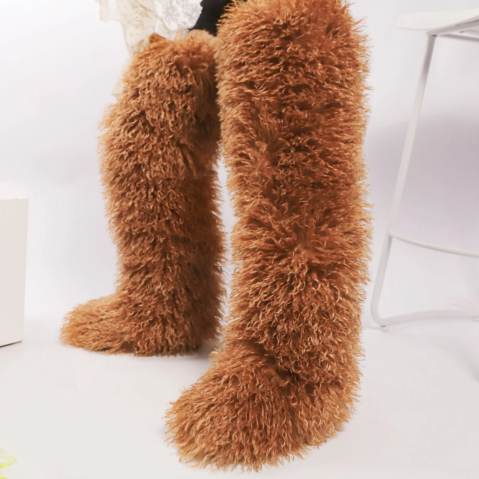 

Thigh High Mongolian Fur Boots For Women Plus Size 46 Winter 2025 New Flat Heel Long Fluffy Boots