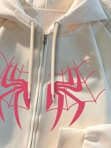 

Retro American Spider Print Fleece Hoodie Women's Autumn Winter Design High Street Outerwear Trendy Long Sleeve Zipper Cardigan