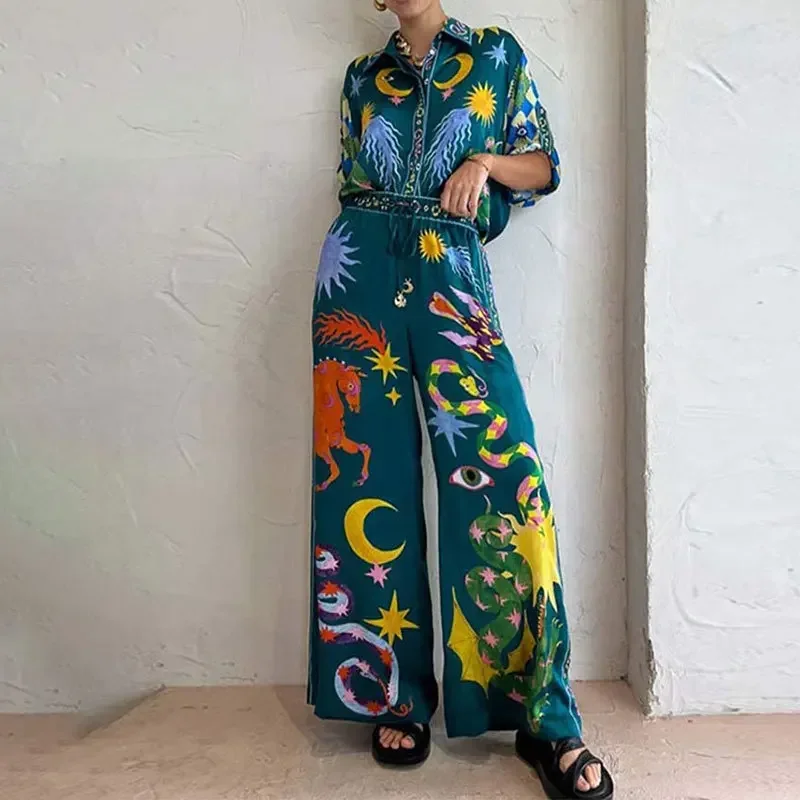 

Nwe 2024 Fashion Graffiti Casual Style Printed Loose Wide Leg Pants Two Piece Set Two Piece Sets Womens Outifits Traf Woman