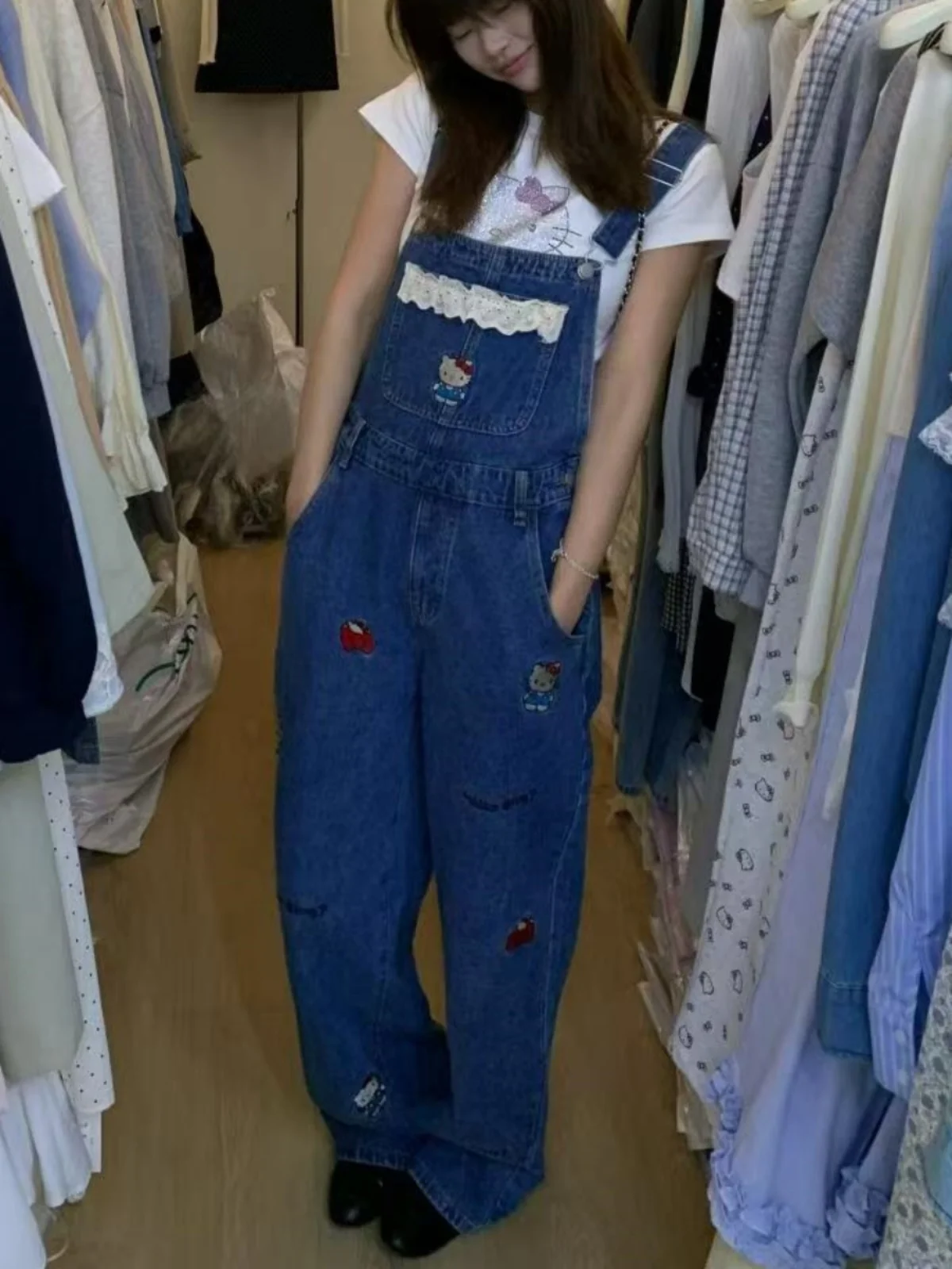 

Loose American Style Women's Denim Overalls Summer Casual Workwear High Waist Wide Leg Pants Cotton Stretch Blue Jeans