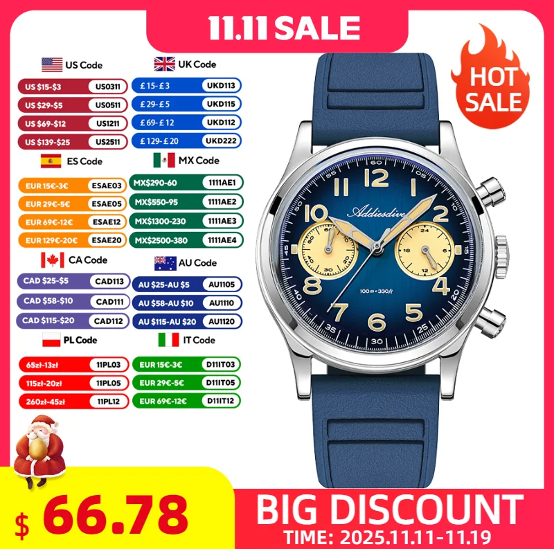 

ADDIESDIVE New Men's Chronograph Watches Waterproof Luminous Bubble Glass Luxury Wrist Watch 316L Stainless Steel Quartz Watch