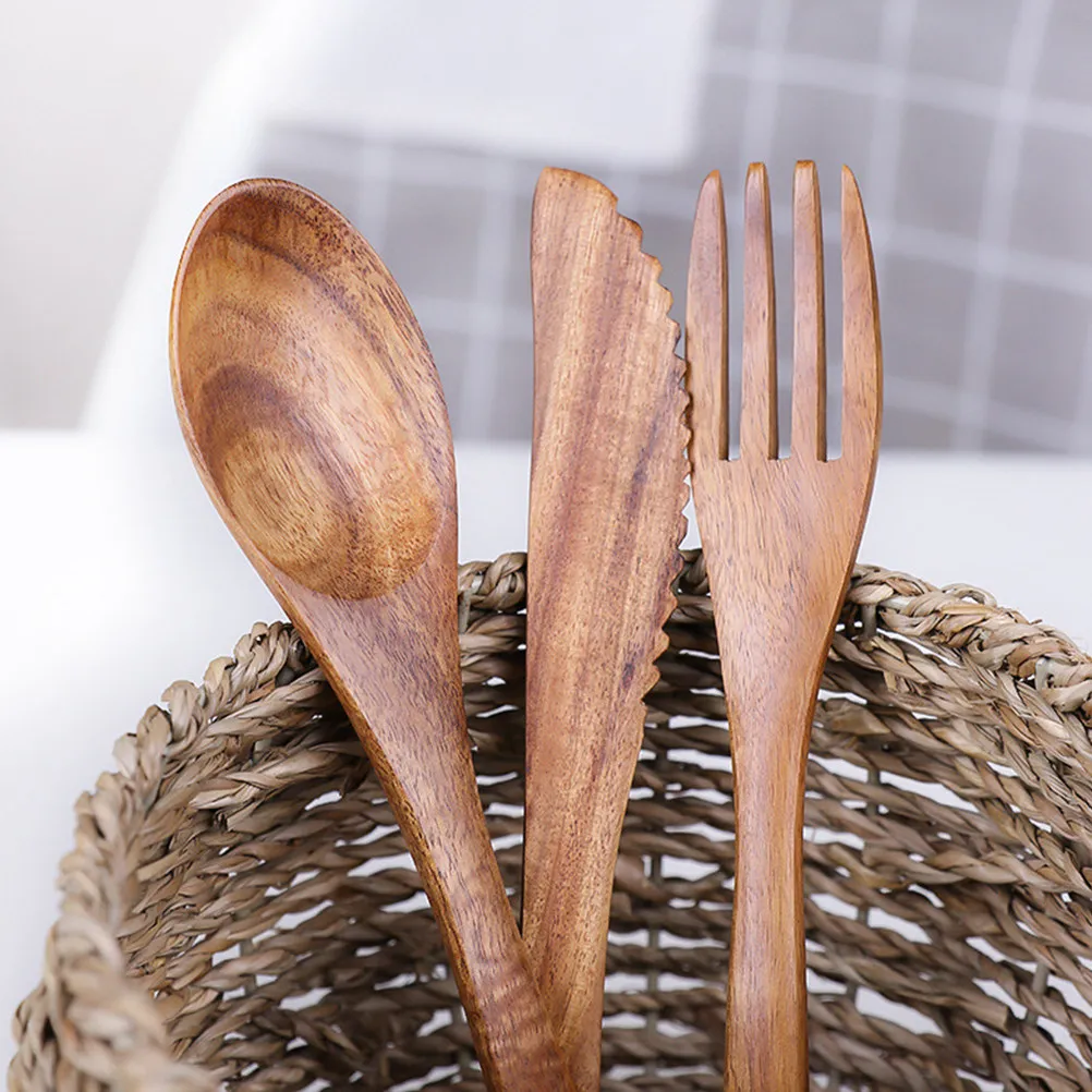 Wooden Cutlery Set Natural Reusable Knife Fork Spoon Portable Eco Friendly Picnic Camping Tableware