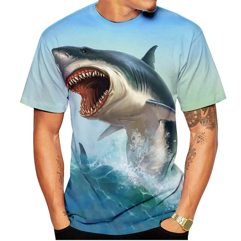 3D Printed Ferocious Shark T Shirt For Men Ocean Animal Pattern T-Shirts Summer Fashion Round Neck Loose Tops Short Sleeve Tees