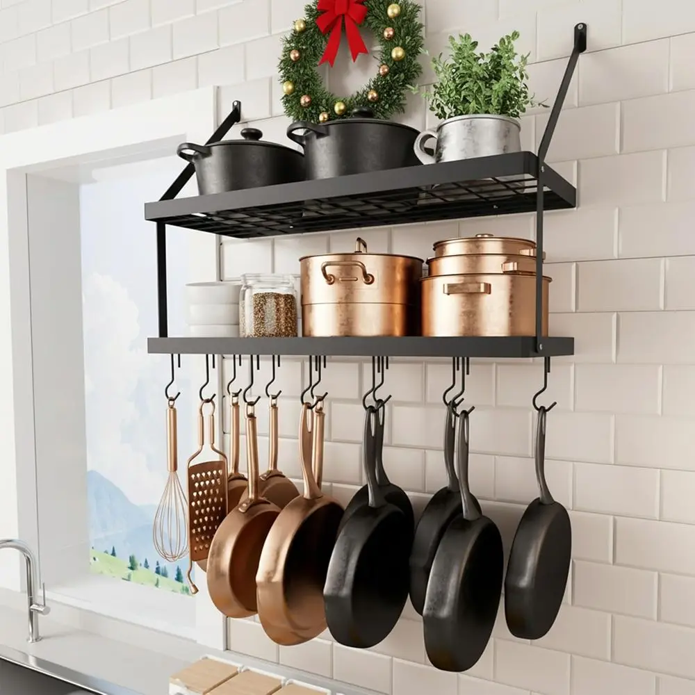 

30 Wall-Mounted Pot Rack with 2-tier and 12 Hooks, Heavy-Duty Black Kitchen Organizer for Pots and Pans, KUR218S75B-BK
