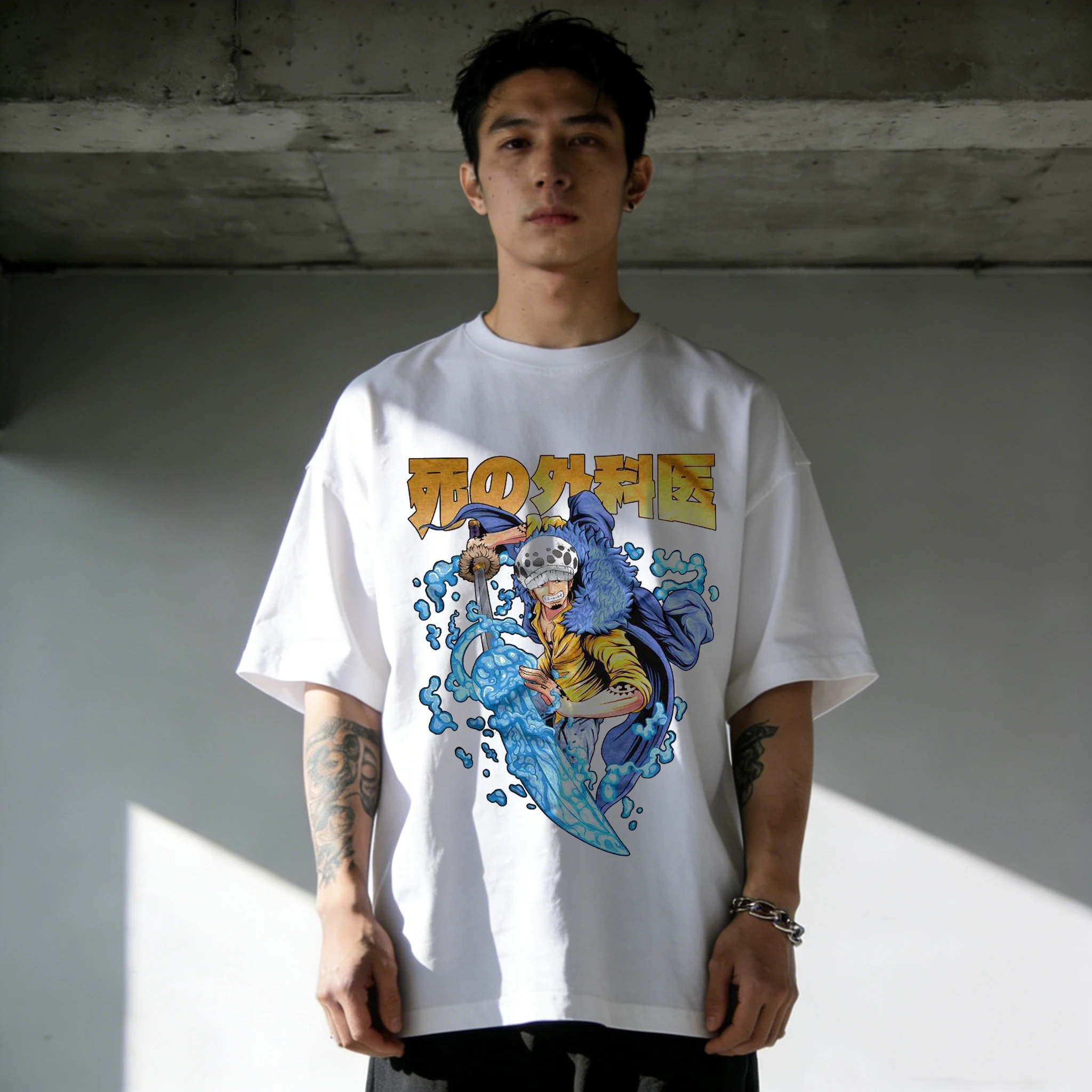 Camiseta con estampado de la ley del agua Trafalgar D de una pieza, camisetas de verano de Anime para hombres y mujeres 2026, camisetas Retro de manga corta Harajuku Y2K, camisetas