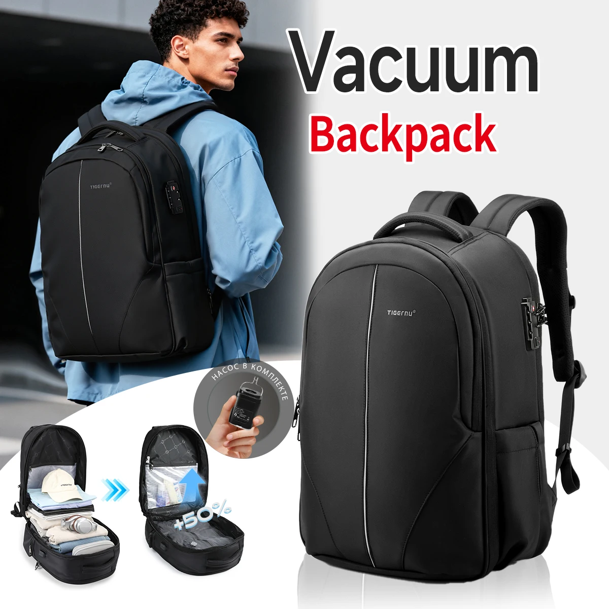 Tigernu Expandable Vacuum Backpack For 15.6-17inch Laptop Travel TSA Anti Theft Airplane Cabin Storage Pack Luggage Backpack