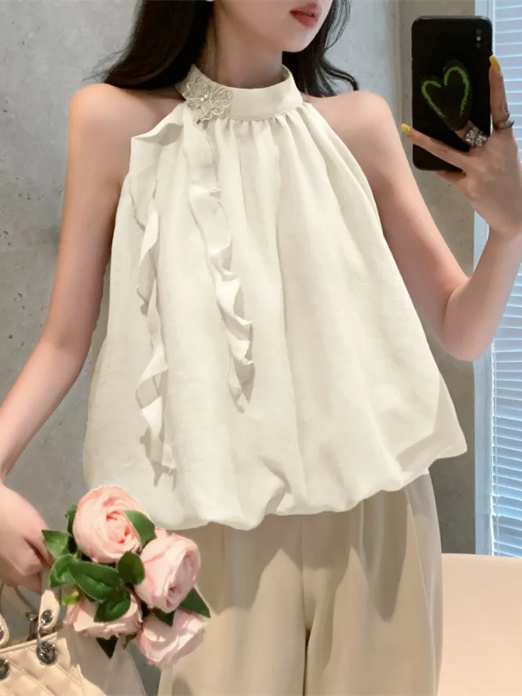 American Style Unique Chic Design Shoulder Bared Necktie Slimming Fairy Atmosphere Sleeveless Top for Women Sweet Style Loose...
