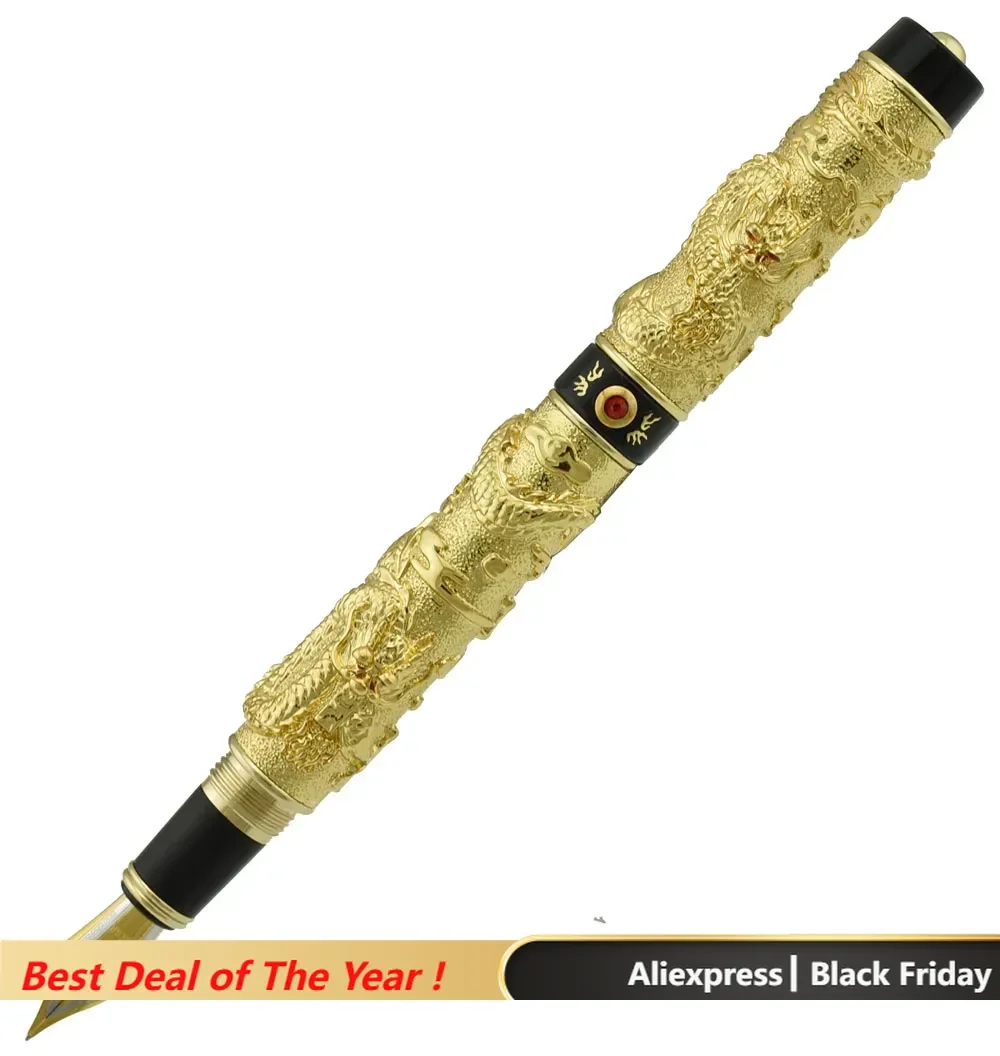 Luxurious Jinhao Vintage Fountain Pen Double Dragon Playing Pearl, Metal Carving Embossing Heavy Pen Gold & Black for Collection