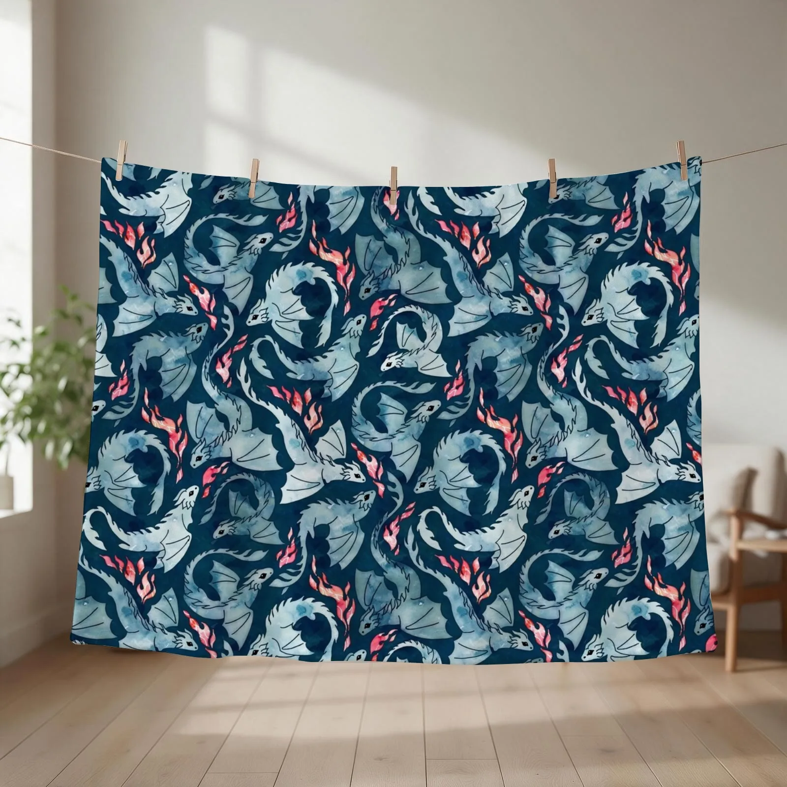 Dragon fire dark blue Throw Blanket couch cozy soft plush fuzzy picnic outdoor blanket
