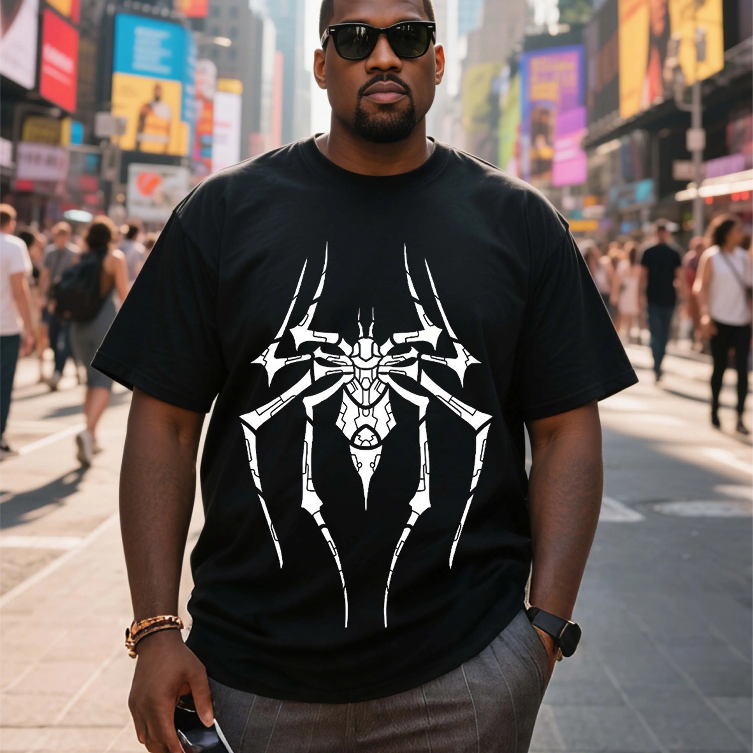 T-shirt da uomo taglie forti, girocollo in puro cotone nero, adatta per abbigliamento da esterno in primavera ed estate, casual e confortevole