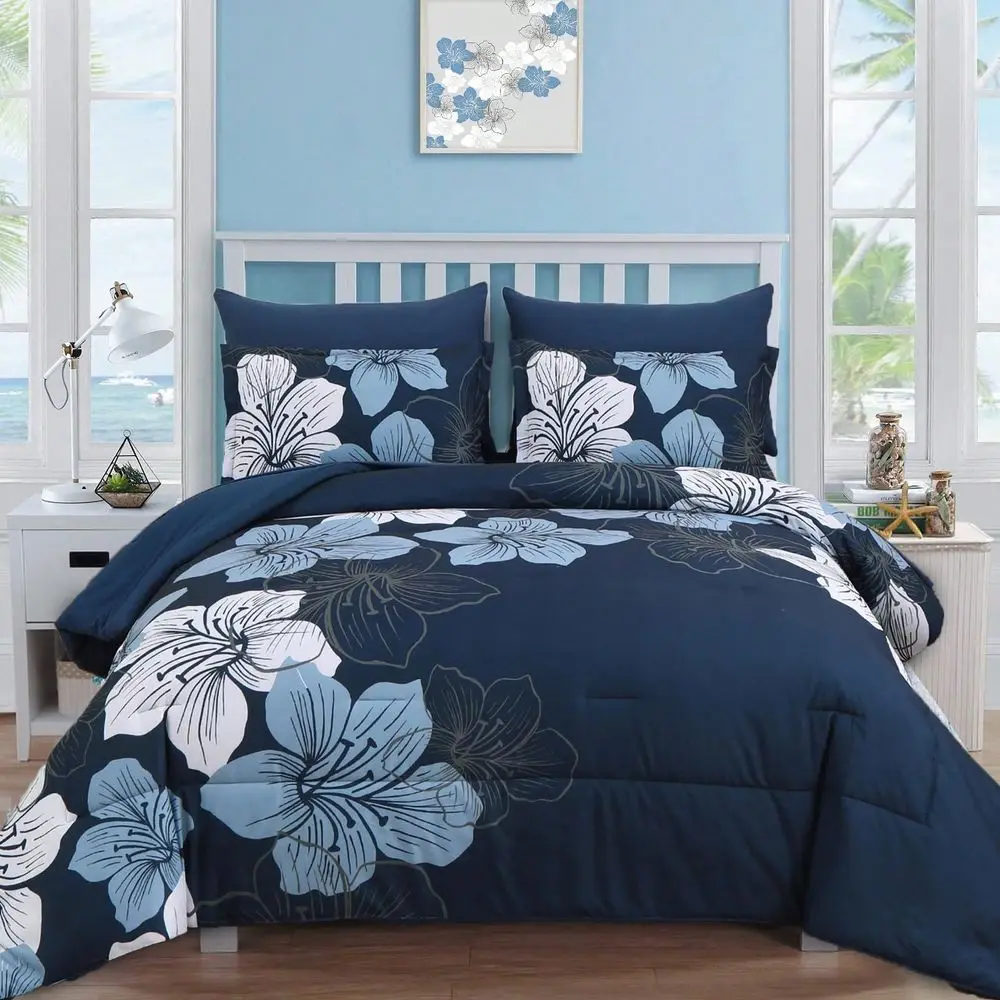 

Pieces Floral Yellow Aqua Navy Blue Floral Comforter Set Queen King Bed In A Bag Botanical Floral Comforter Soft Soft Microfibe