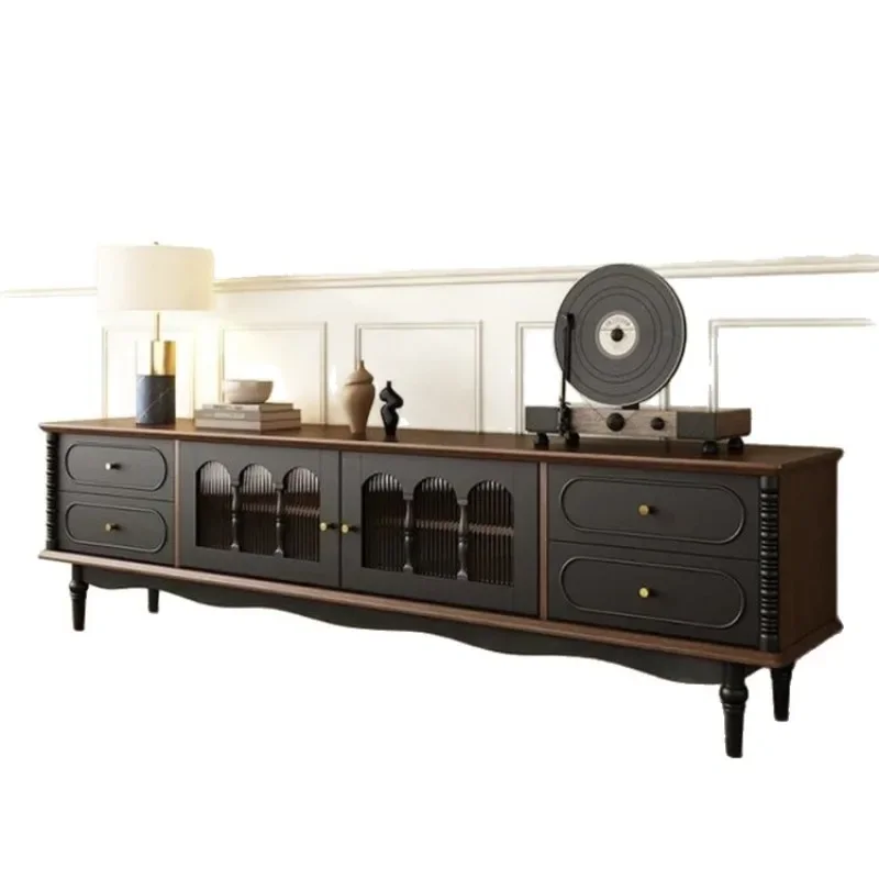 

French retro black premium solid wood TV cabinet storage cabinet locker integrated American living room TV cabinet