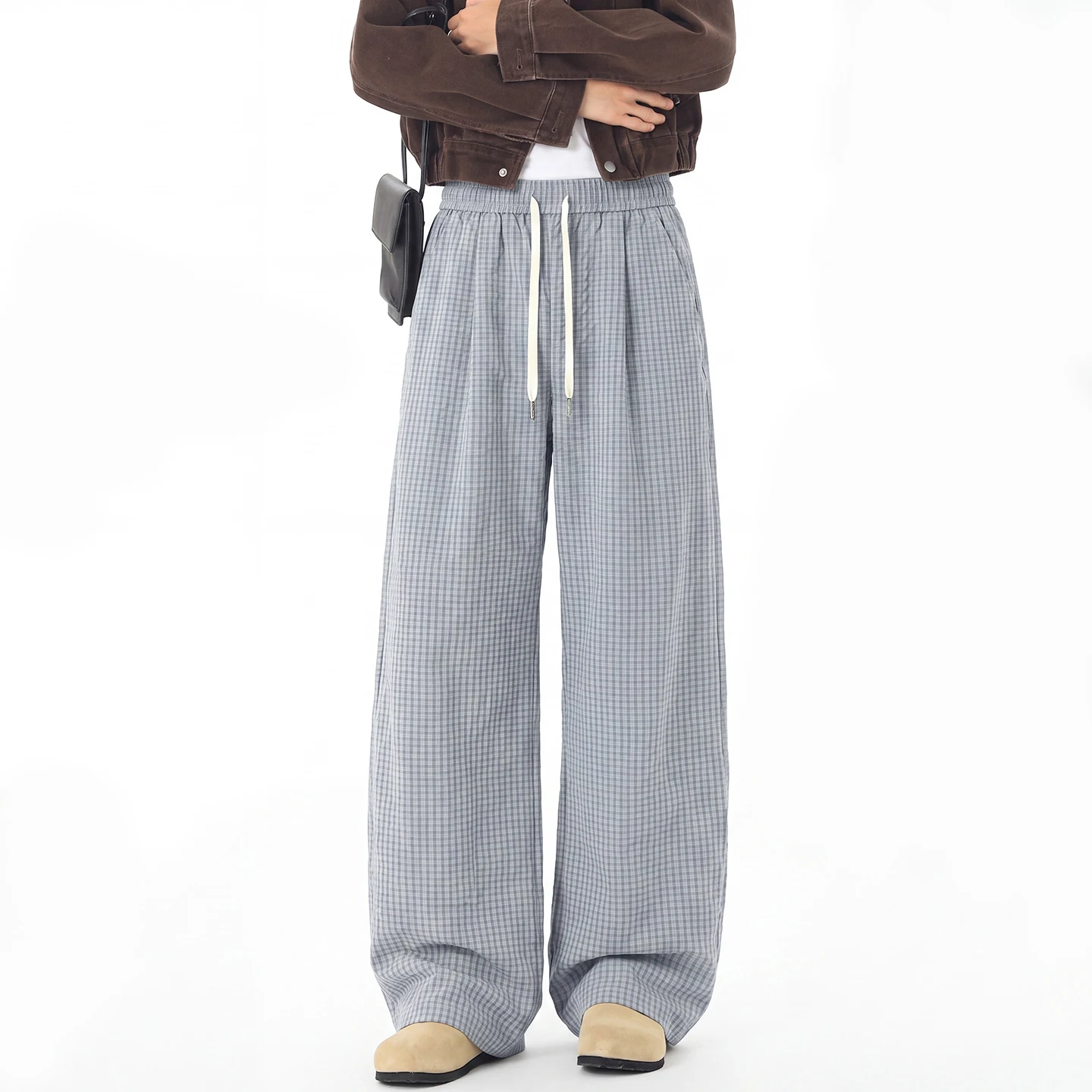 2026 Autumn New Style Men's Fashion Casual Checkered Pants Wrinkled Drapeable Wide-leg Curved Blade Pants