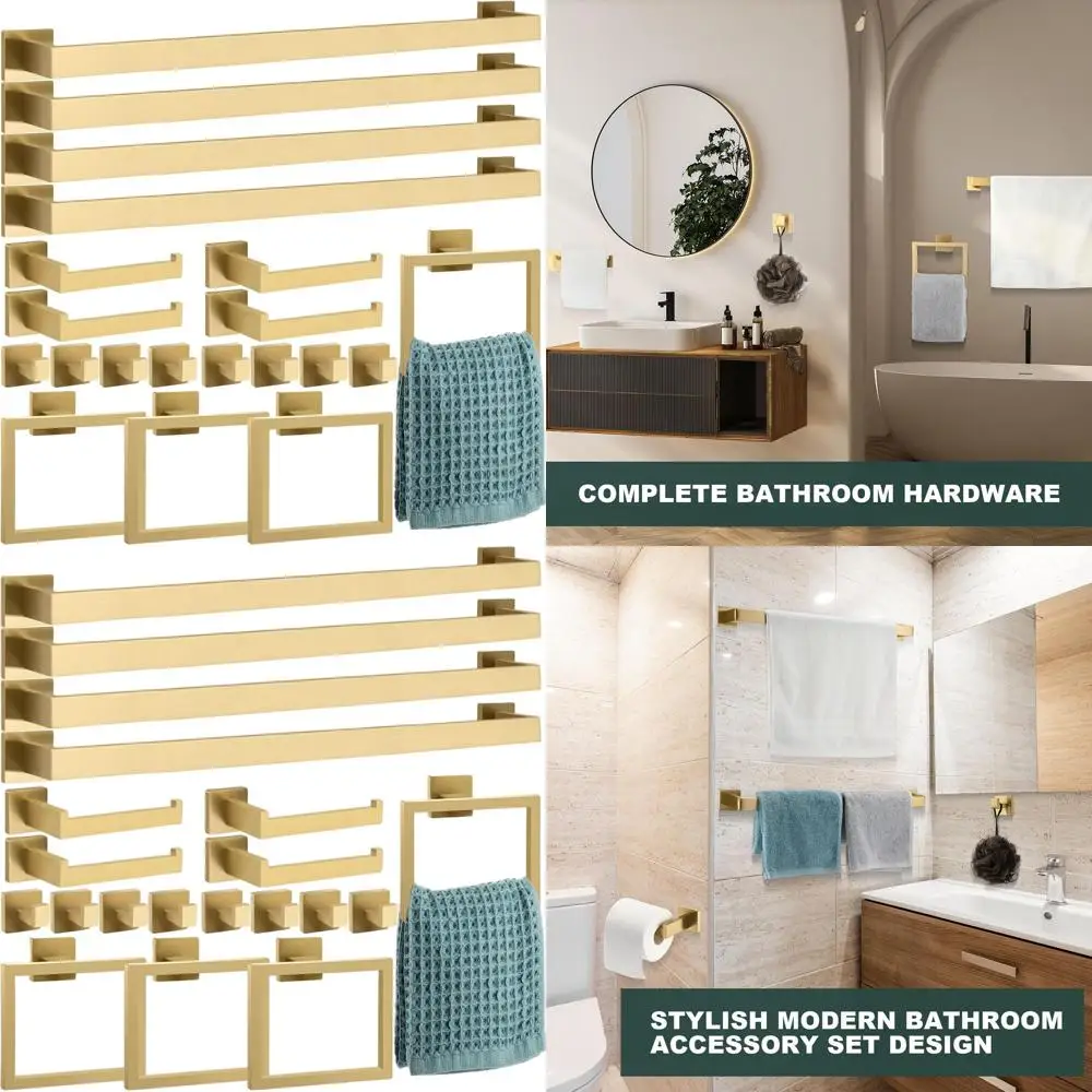 

Комплект фурнитуры для ванной комнаты из нержавеющей стали размером 23,6 дюйма с вешалкой для полотенец, вешалками, крючками и держателем для бумаги из матовой золотой отделки