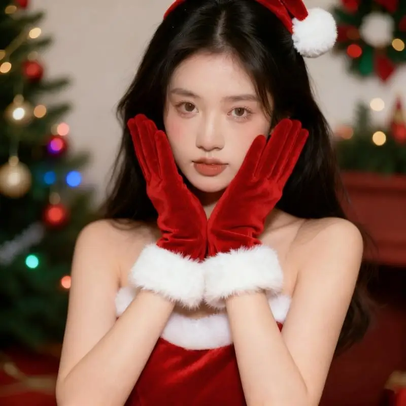 Santa Claus Gloves White Fur Red Velvet Long Gloves Christmas Festive Costume Accessories Mittens Cosplay Performance Props