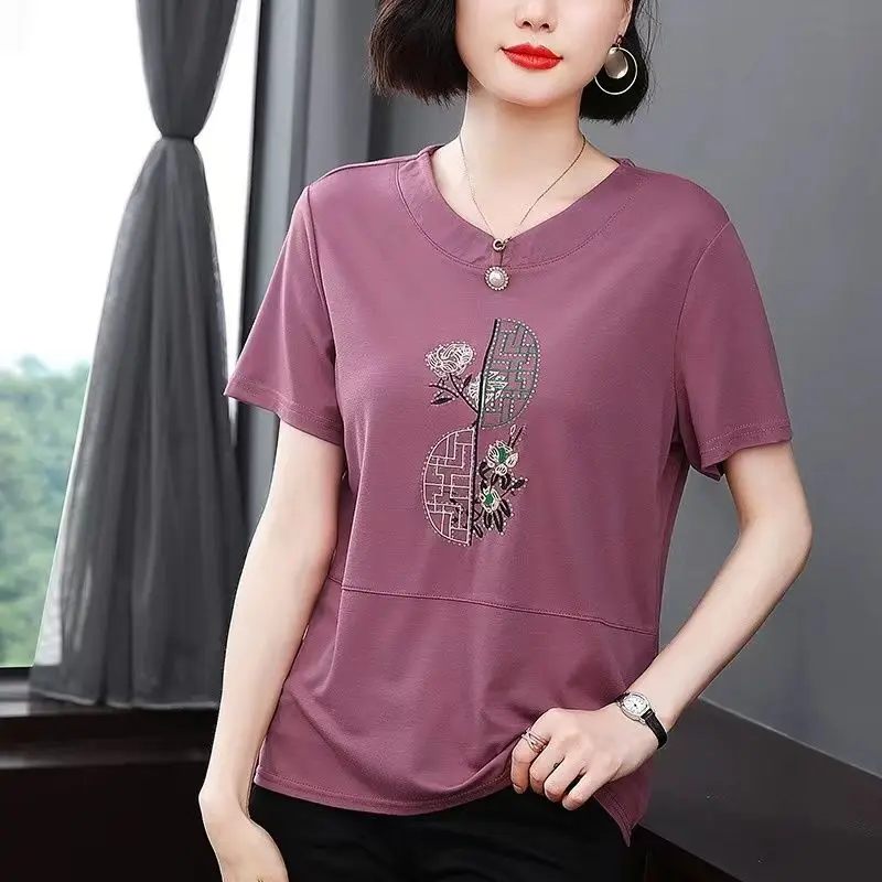 Women Summer Fashion Loose Temperament Embroidered Cotton O-neck Short Sleeve T-Shirt Ladies Casual Large Size Appear Thin Tops