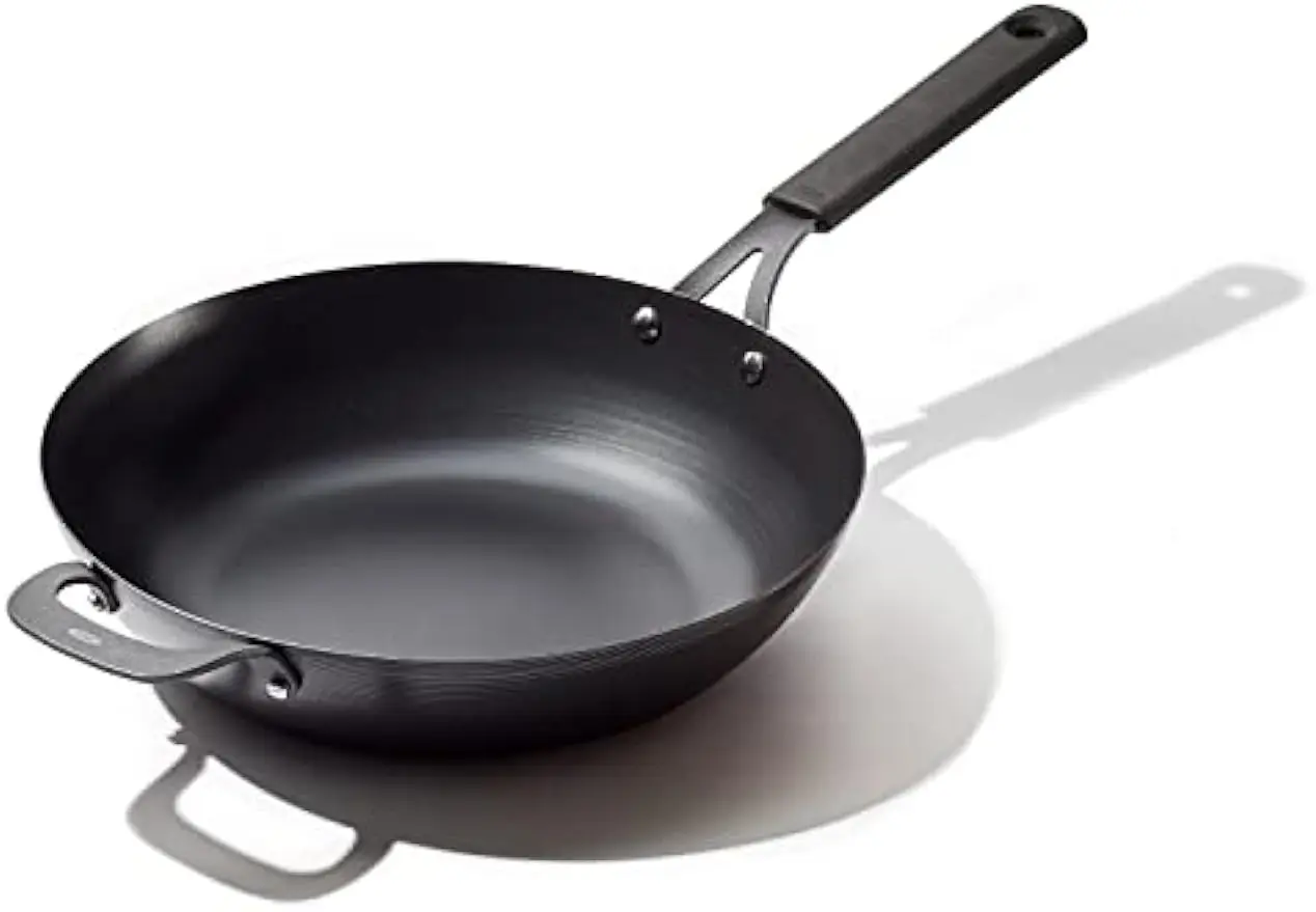 

12" Carbon Steel Wok Pan with Removable Silicone Handle, Induction & Oven Safe, Pre-Seasoned Black