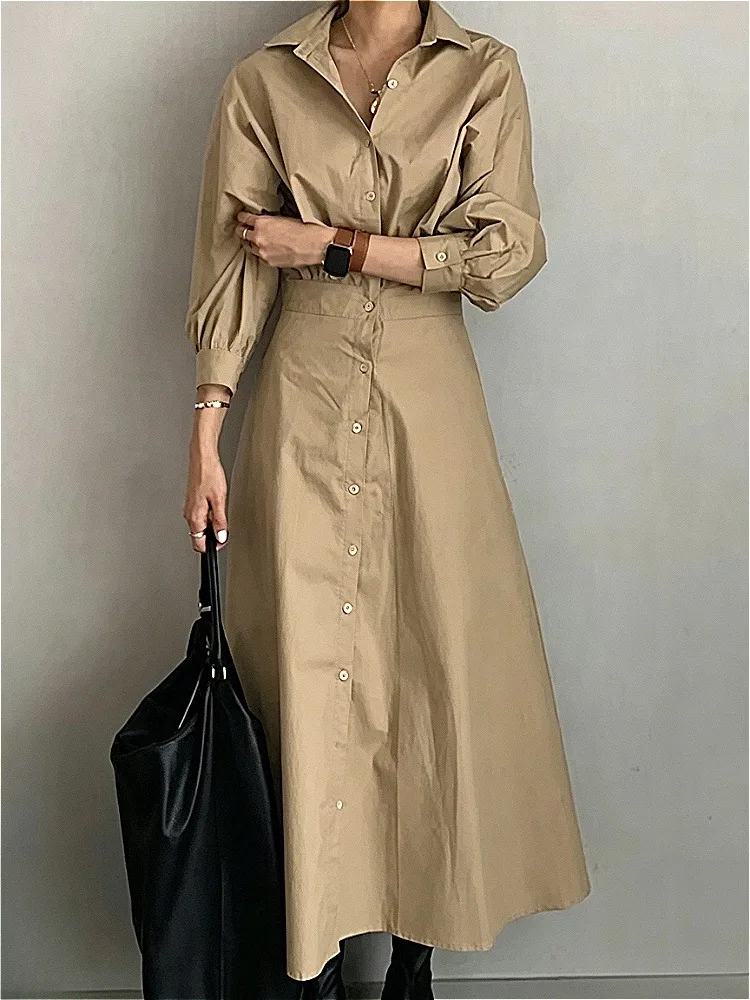 Modigirl Women Casual Long Shirts Dresses 2025 Summer Spring Clothes Khaki Puff Sleeves Botton Simple Maxi Dresses for Women