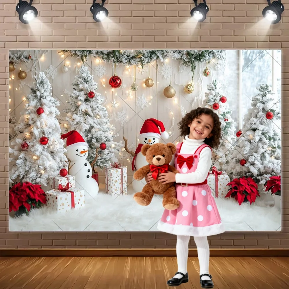 Winter Snowman Christmas Photography Backdrop White Wall Xmas Tree Bells Kids Family Party Decor Photo Photographic Background