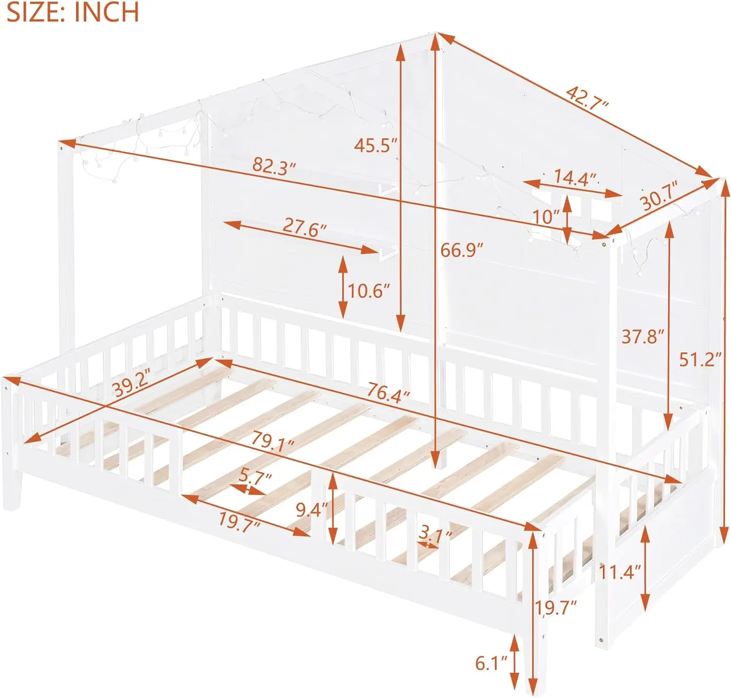 Letto a soppalco basso Softsea Twin Size con ripiani, letto a soppalco in legno con finestra e striscia luminosa scintillante sul tetto, casa