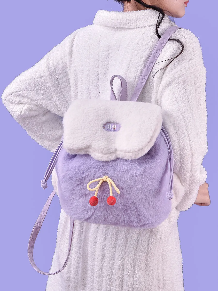 2026 New Original Cute Taro Cake Plush Backpack Women Lovely Purple Cherry Decor Drawstring Backpack Lolita Girls' Bag